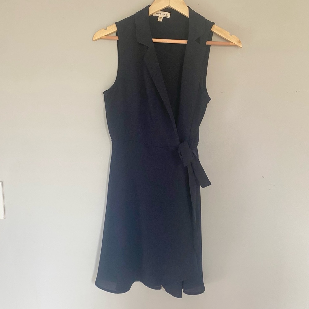 Monteau Navy Blue Deep V Neck Wrap Dress with Waist Tie Size Small